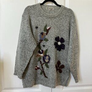 Vintage Vicsin Sweater Womens M Gray Floral Mohair Blend Boho Oversized Granny